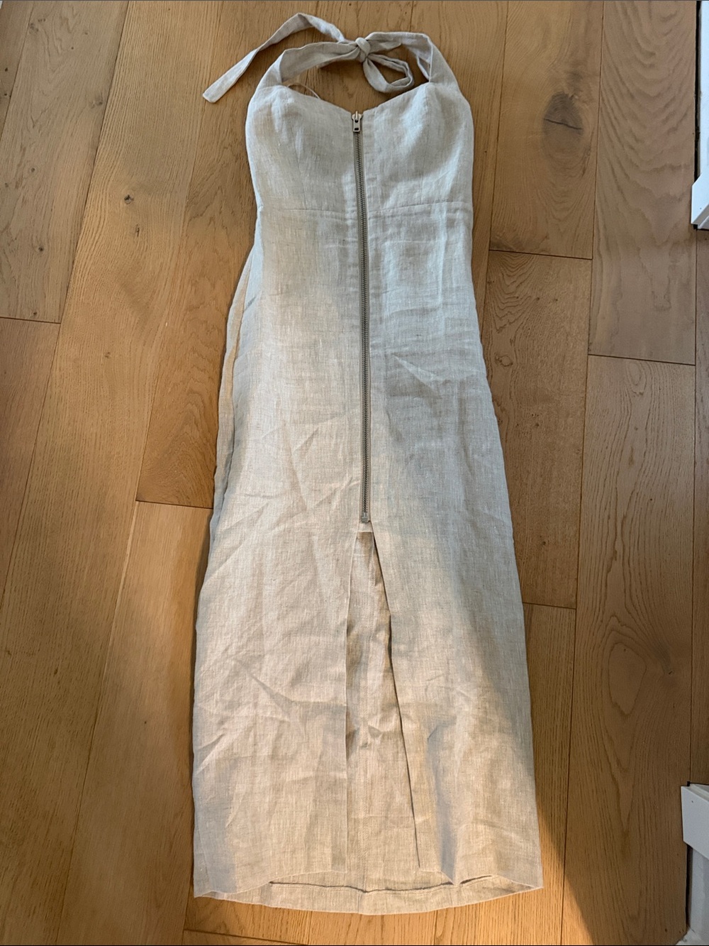 Reformation Linen Zip-Front Midi Dress in Natural Beige